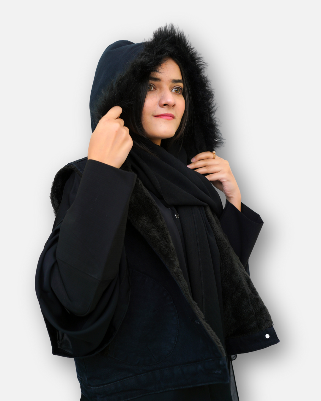 Black Denim Sleeveless Jacket with Contrast Fur Hood