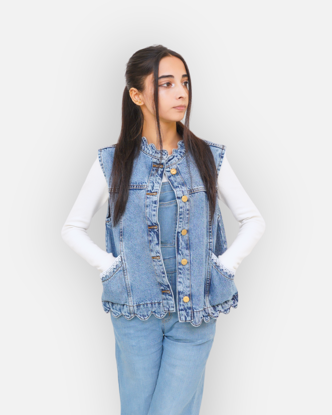 Ruffle Trim Denim Sleeveless Jacket Mid Acid Blue