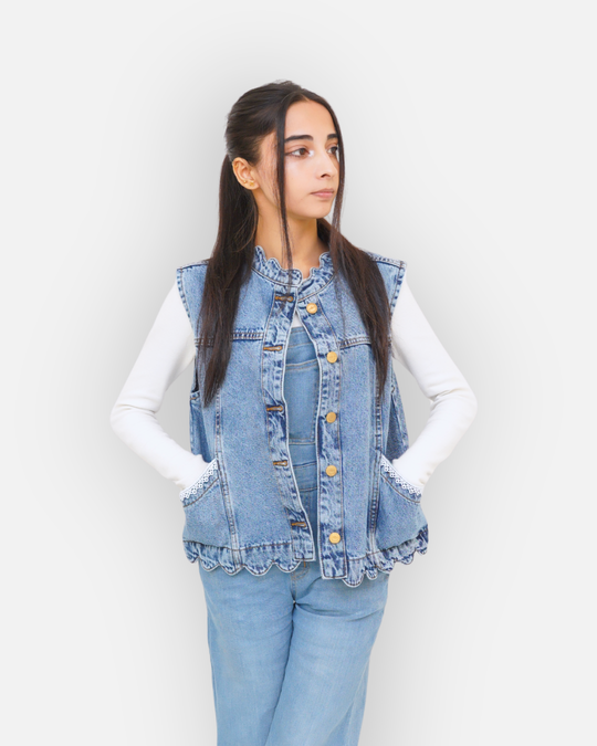 Ruffle Trim Denim Sleeveless Jacket Mid Acid Blue