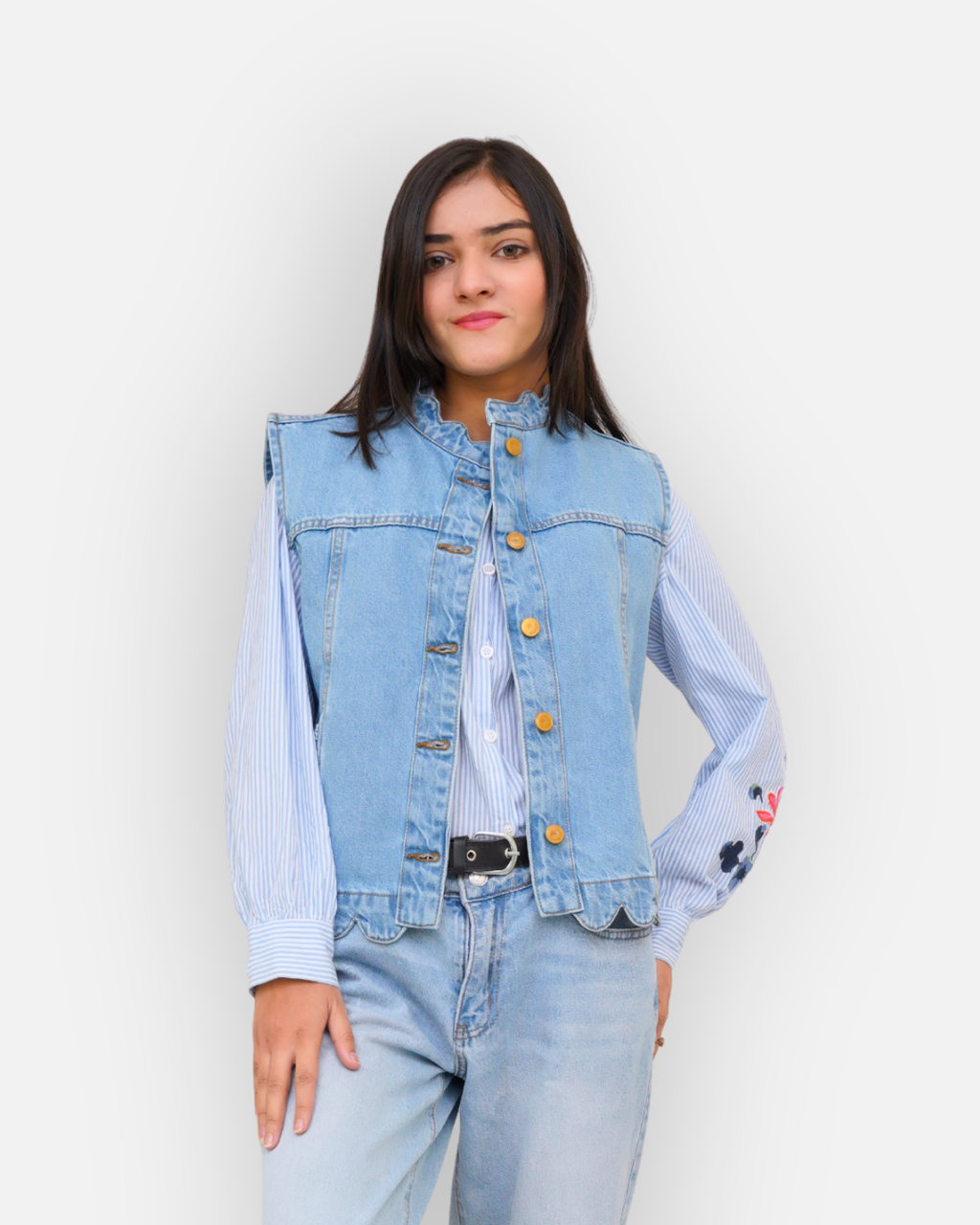 Ruffle Trim Denim Sleeveless Jacket Light Blue