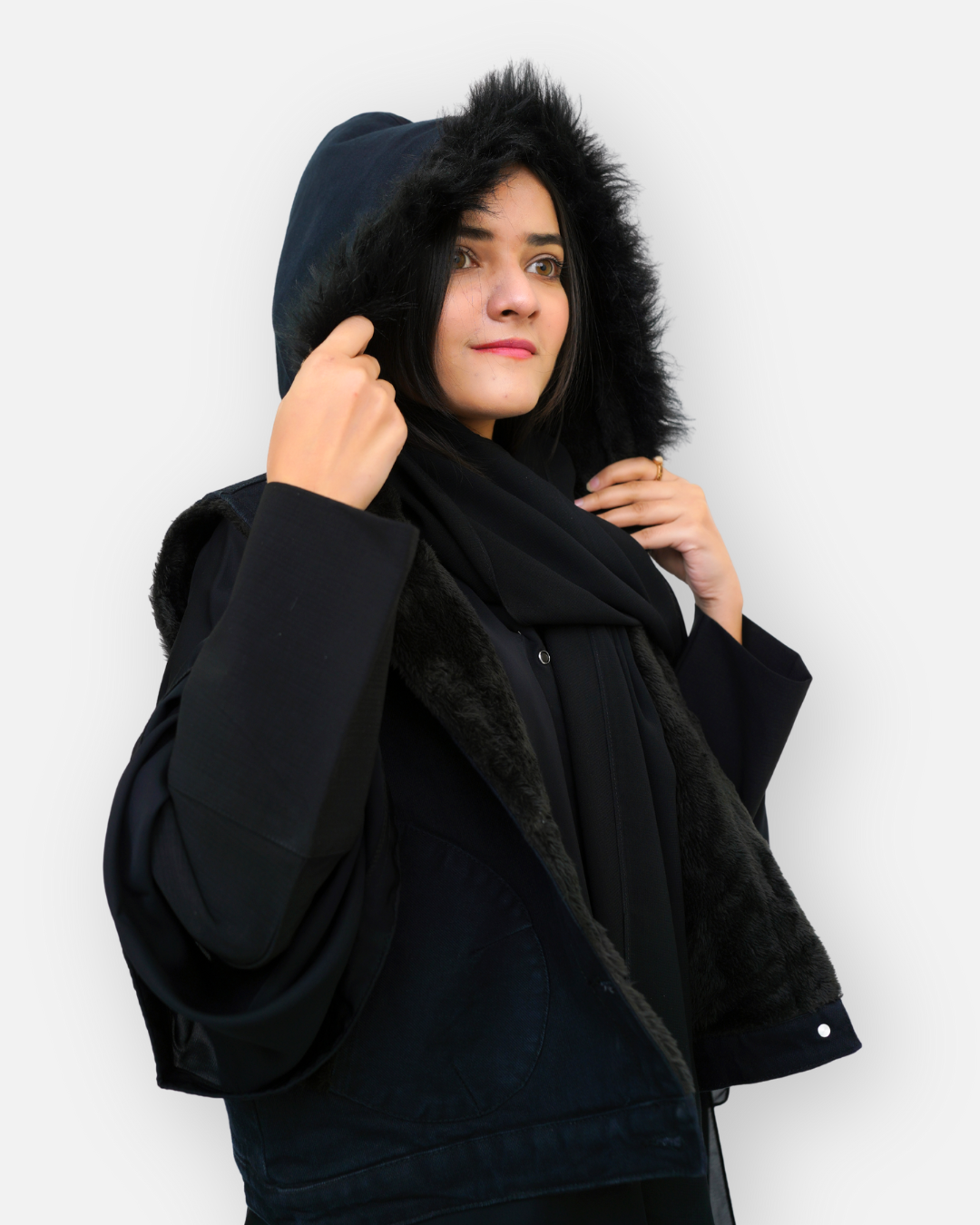 Black Denim Sleeveless Jacket with Contrast Fur Hood