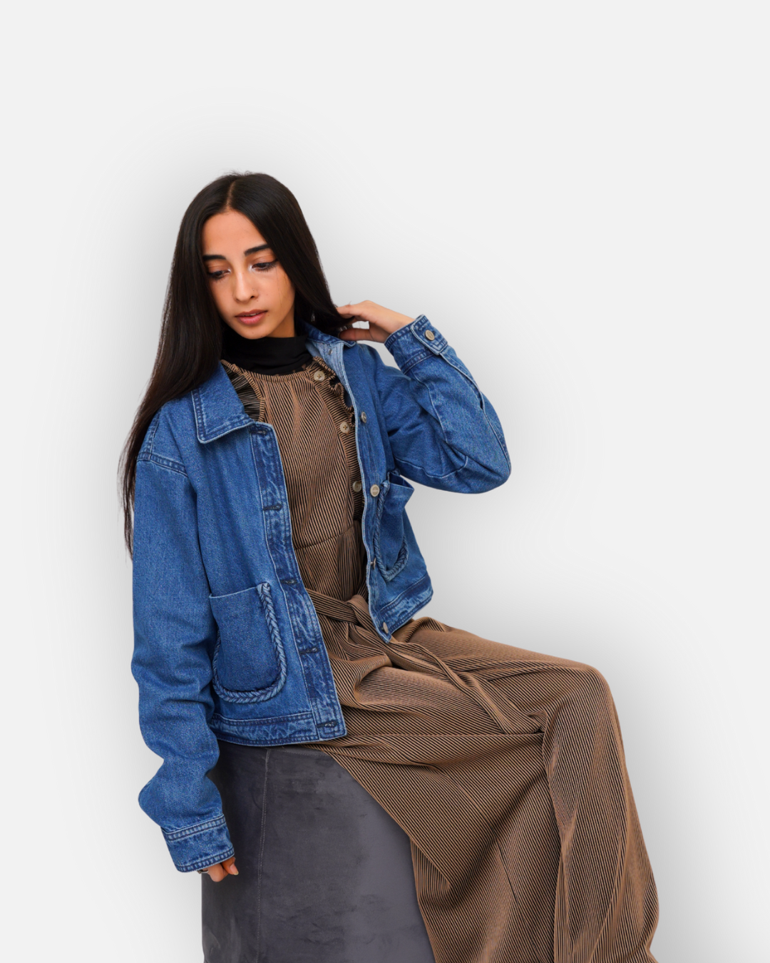 Braided Detail Mid Blue Denim Jacket