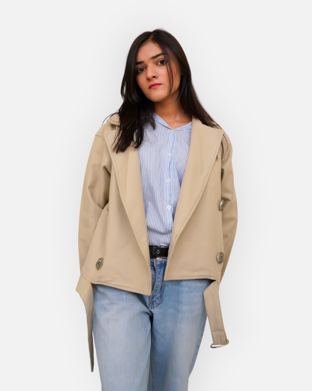 Chic Beige Cotton Double-Breasted Crop Jacket