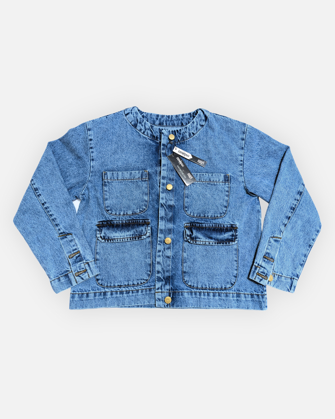 Collarless Mid Wash Denim Chore Jacket