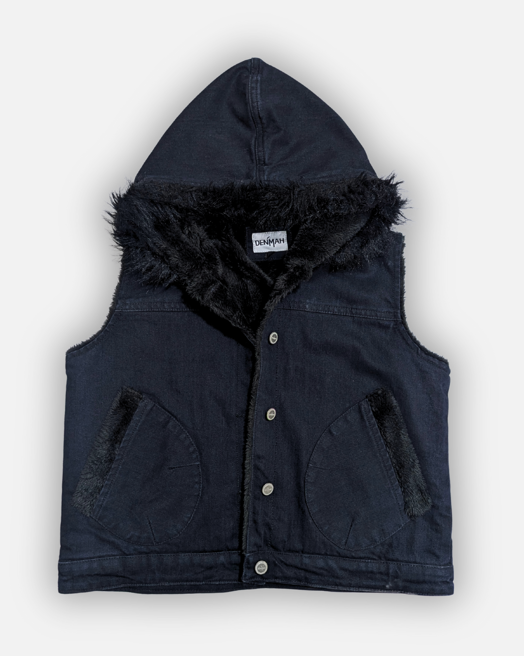 Black Denim Sleeveless Jacket with Contrast Fur Hood