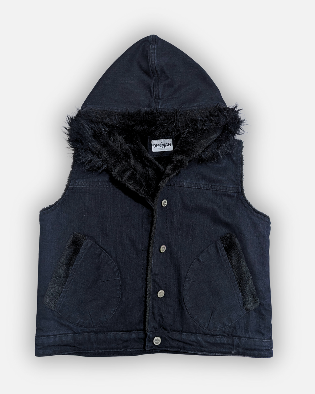 Black Denim Sleeveless Jacket with Contrast Fur Hood