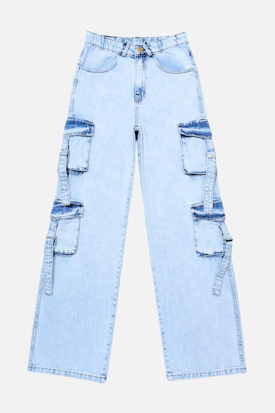 8 Pockets Light Acid Blue Baggy Cargo Jean