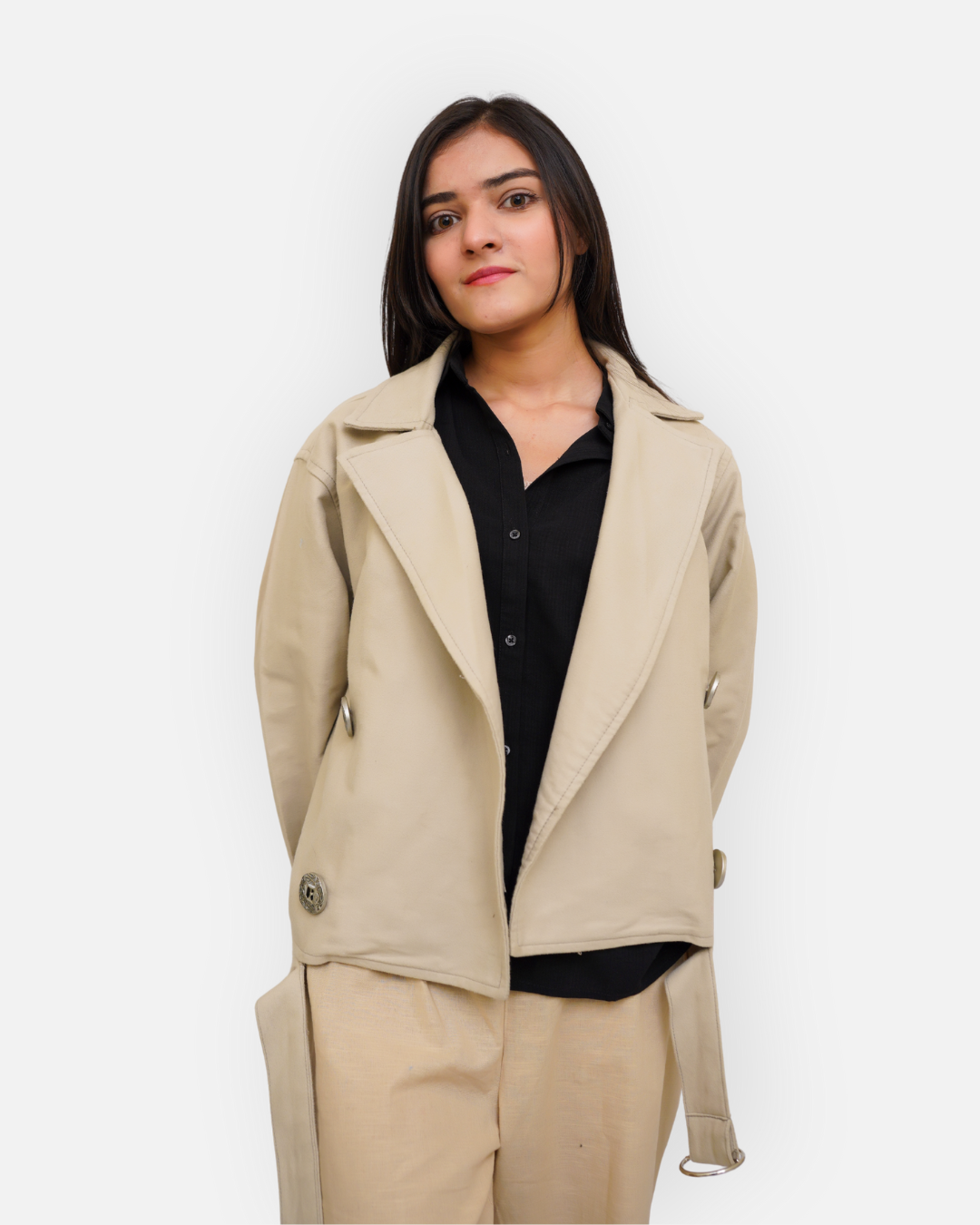 Chic Beige Cotton Double-Breasted Crop Jacket