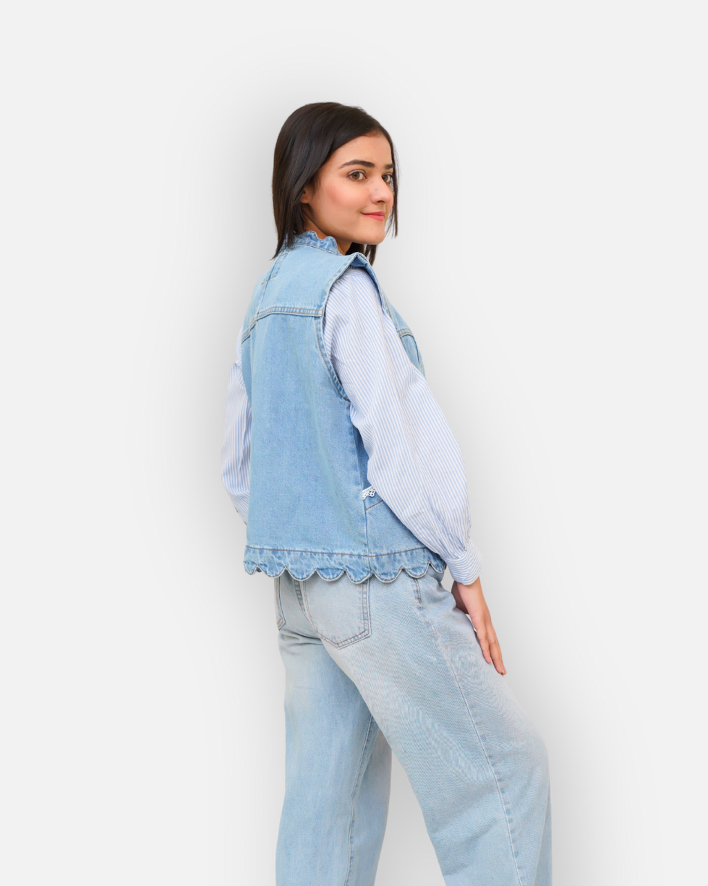Ruffle Trim Denim Sleeveless Jacket Light Blue