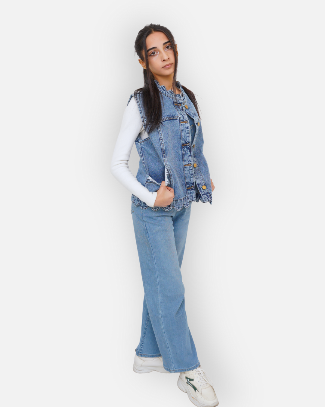 Ruffle Trim Denim Sleeveless Jacket Mid Acid Blue