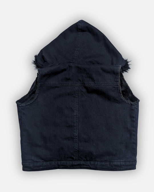 Black Denim Sleeveless Jacket with Contrast Fur Hood