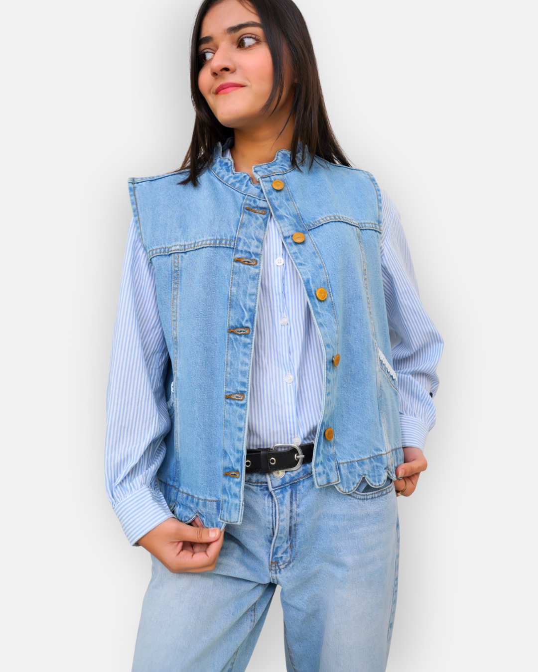 Ruffle Trim Denim Sleeveless Jacket Light Blue