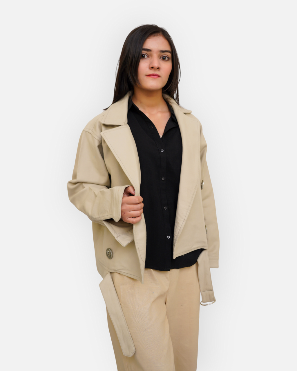 Chic Beige Cotton Double-Breasted Crop Jacket