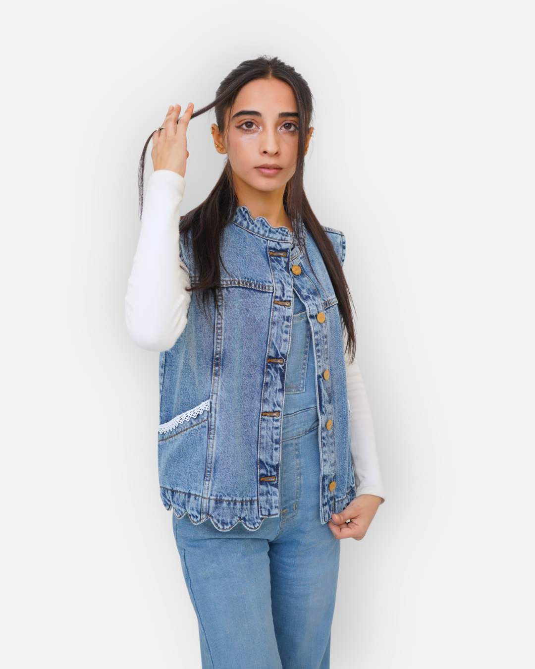 Ruffle Trim Denim Sleeveless Jacket Mid Acid Blue