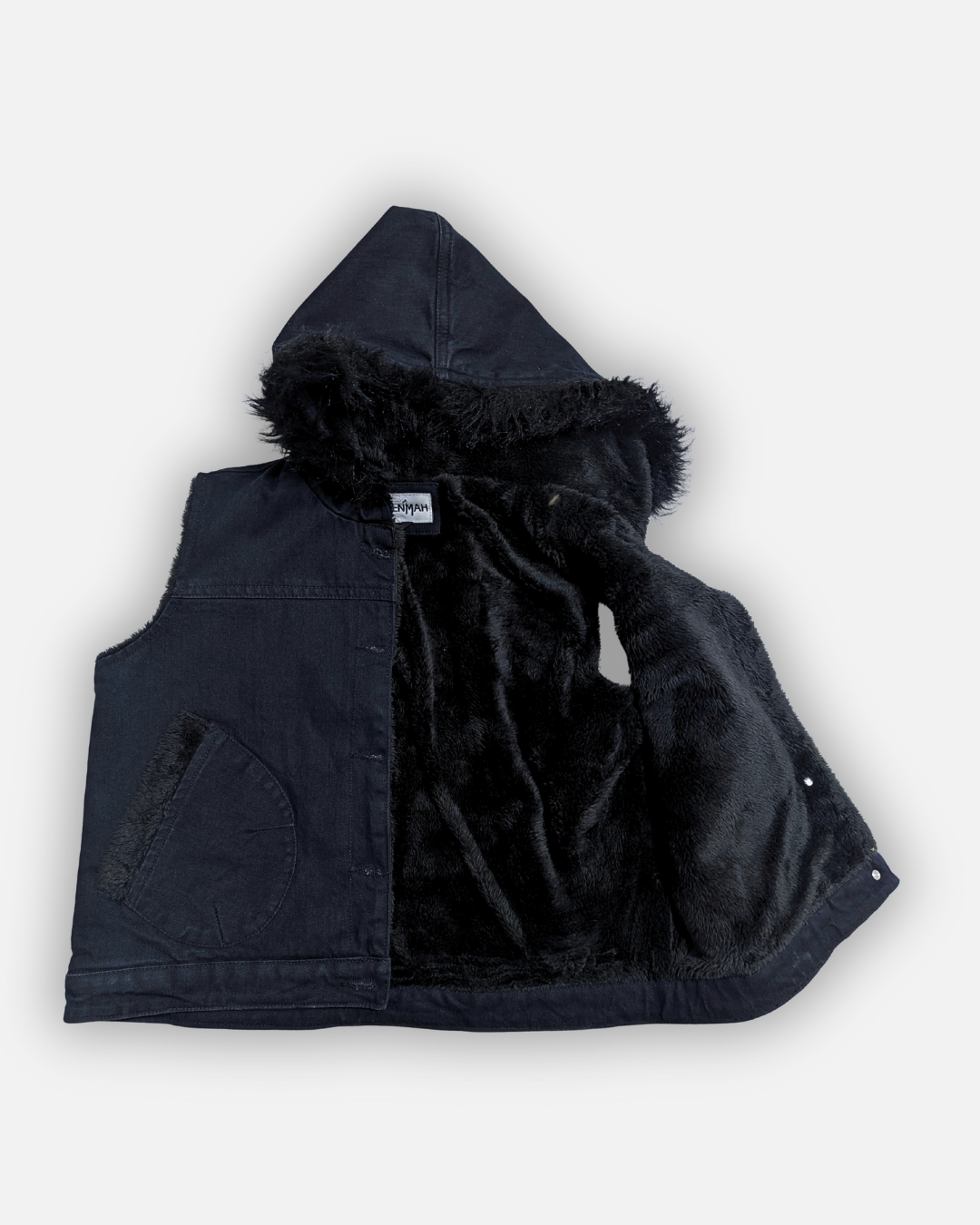 Black Denim Sleeveless Jacket with Contrast Fur Hood