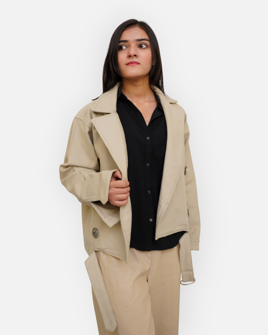 Chic Beige Cotton Double-Breasted Crop Jacket