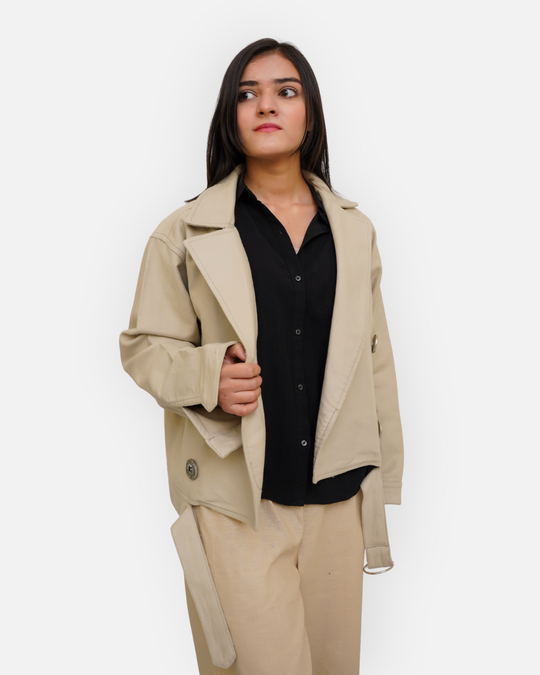 Chic Beige Cotton Double-Breasted Crop Jacket