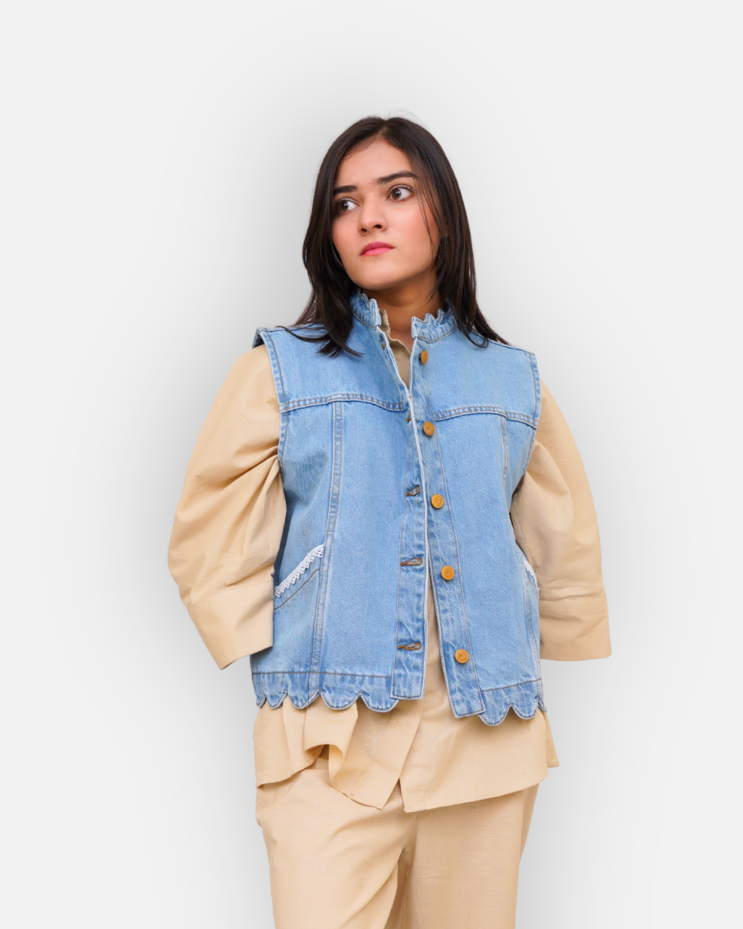 Ruffle Trim Denim Sleeveless Jacket Light Blue