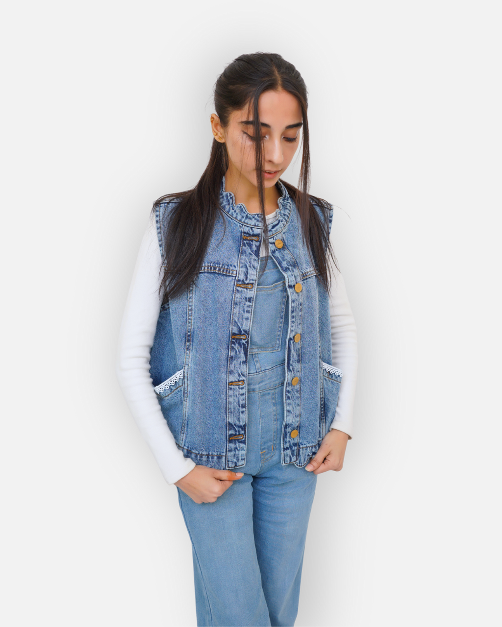 Ruffle Trim Denim Sleeveless Jacket Mid Acid Blue
