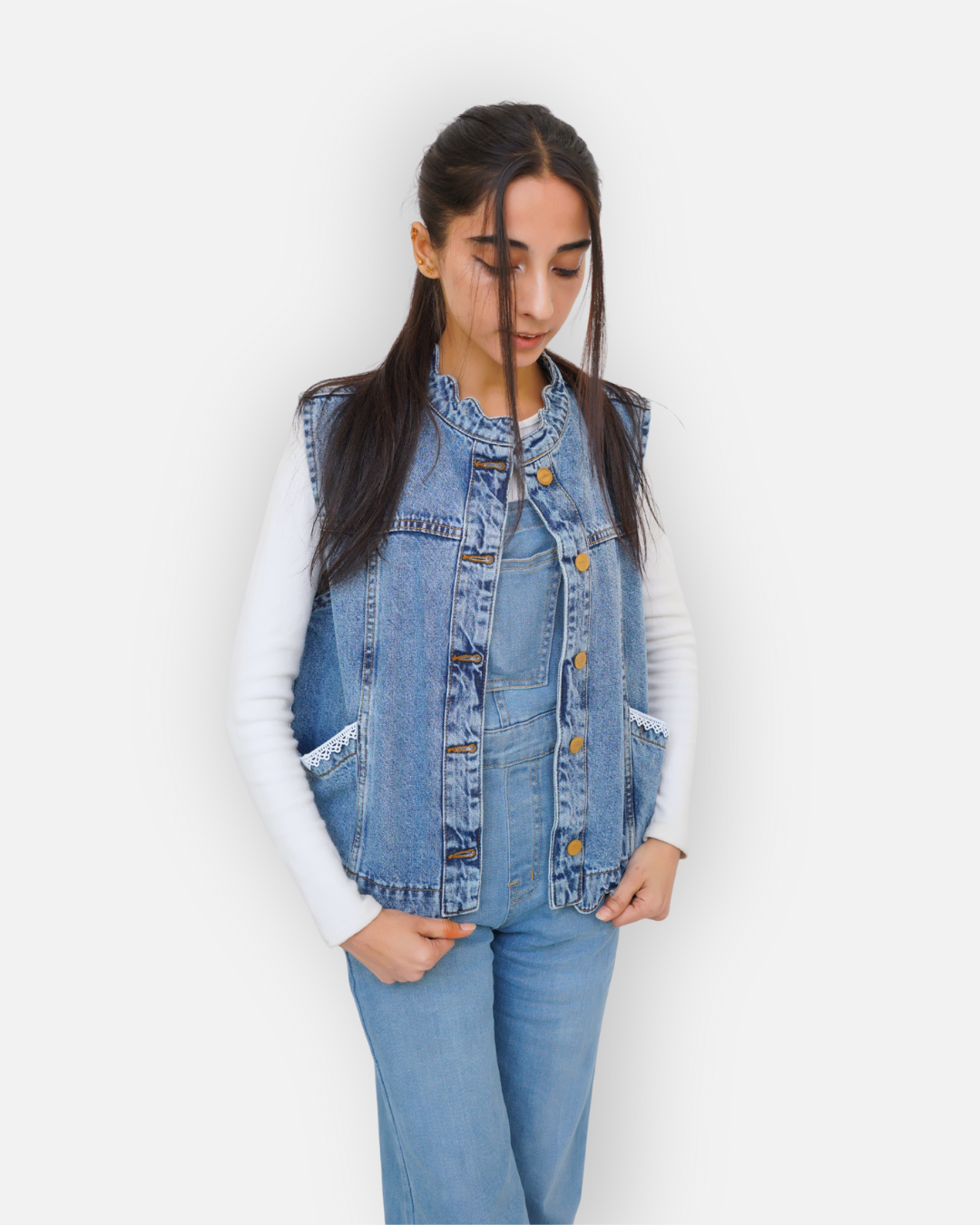 Ruffle Trim Denim Sleeveless Jacket Mid Acid Blue