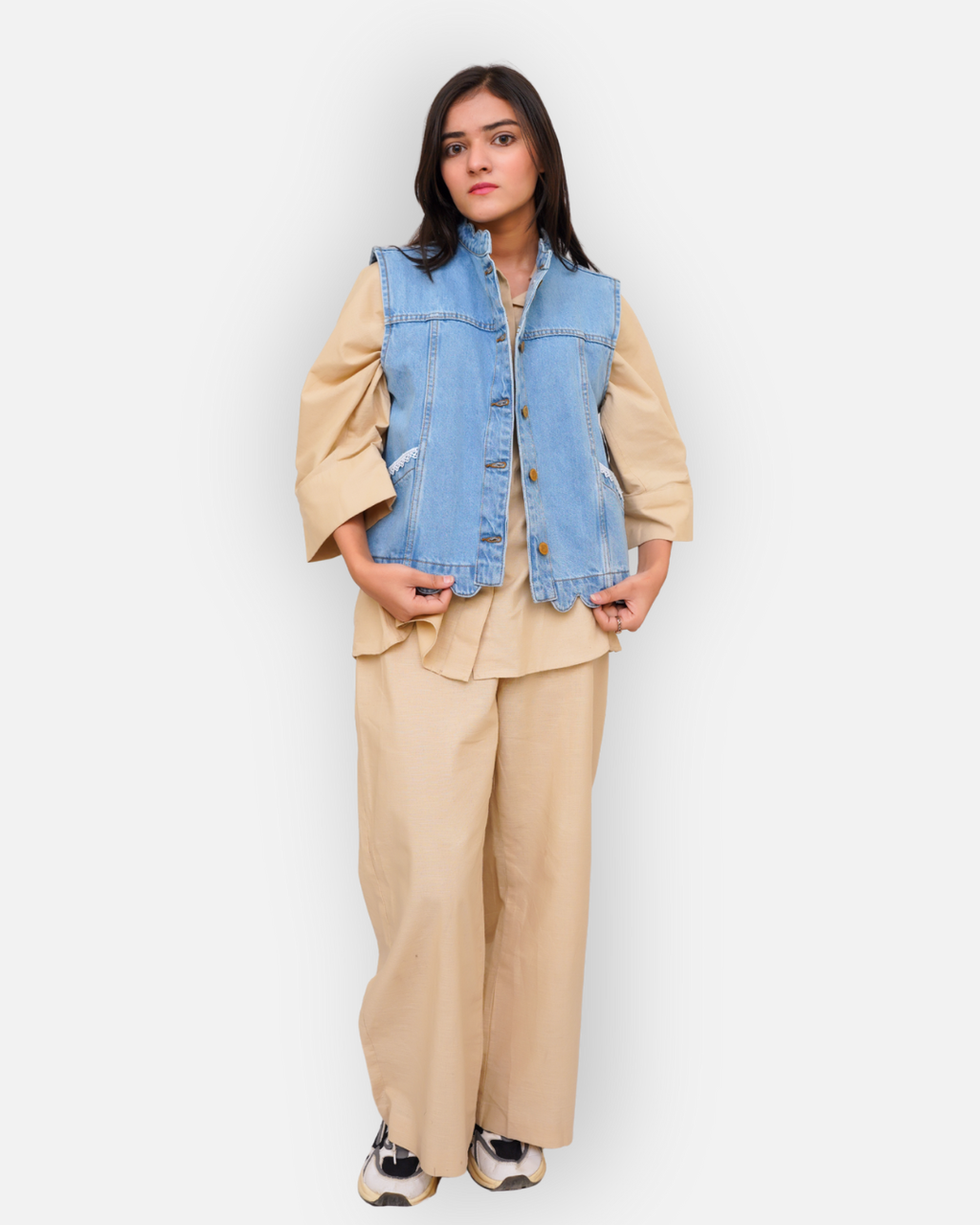 Ruffle Trim Denim Sleeveless Jacket Light Blue