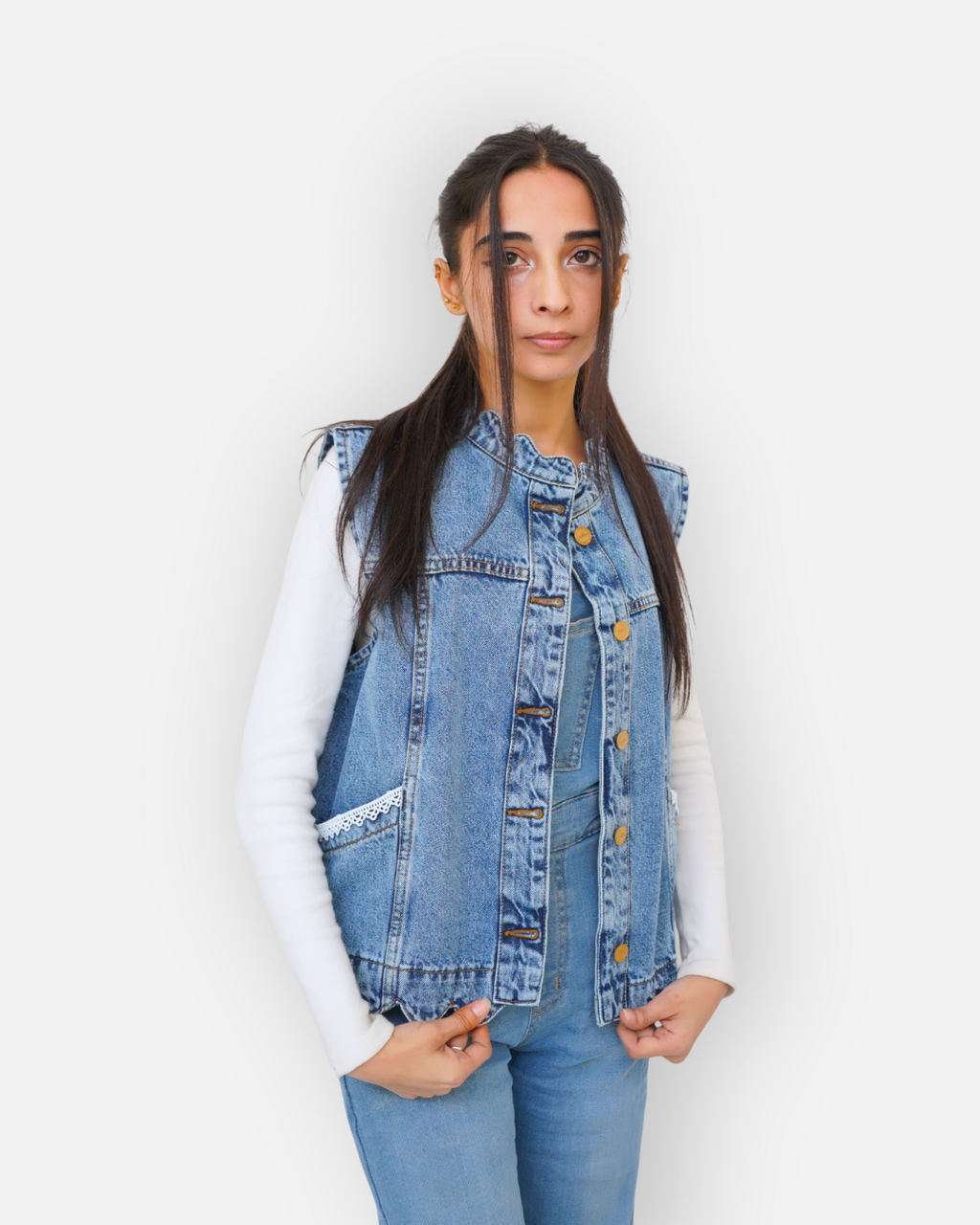 Ruffle Trim Denim Sleeveless Jacket Mid Acid Blue