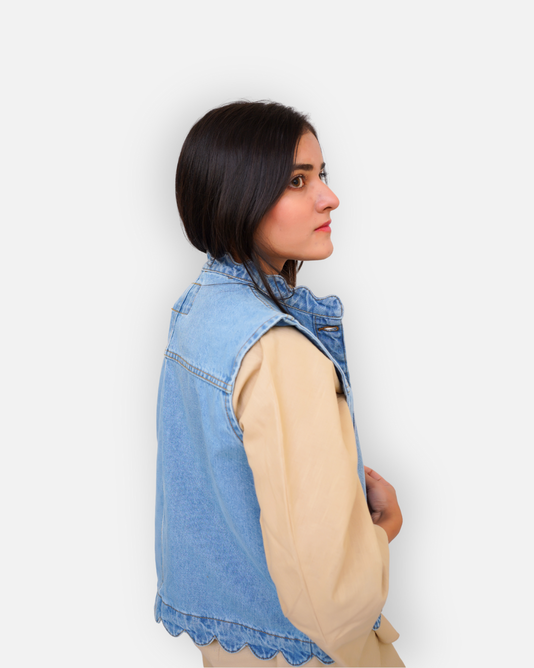Ruffle Trim Denim Sleeveless Jacket Light Blue