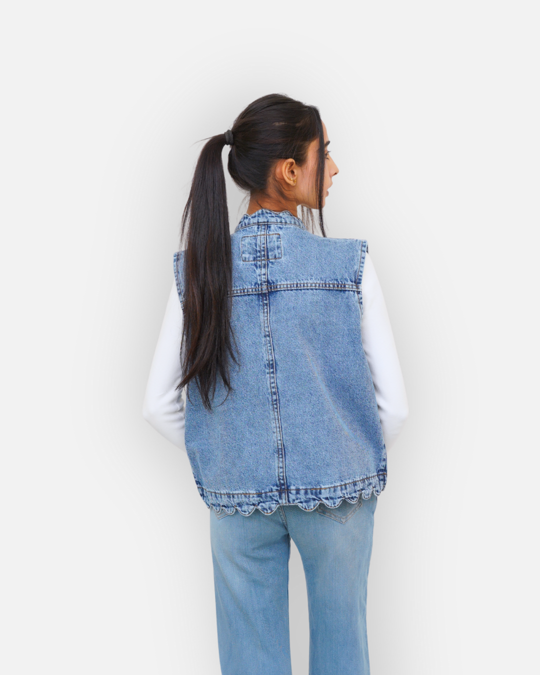 Ruffle Trim Denim Sleeveless Jacket Mid Acid Blue