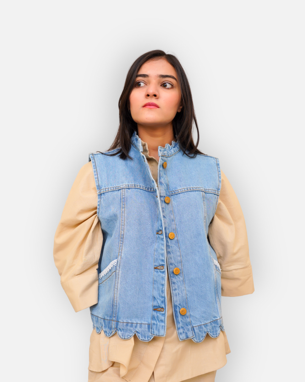 Ruffle Trim Denim Sleeveless Jacket Light Blue