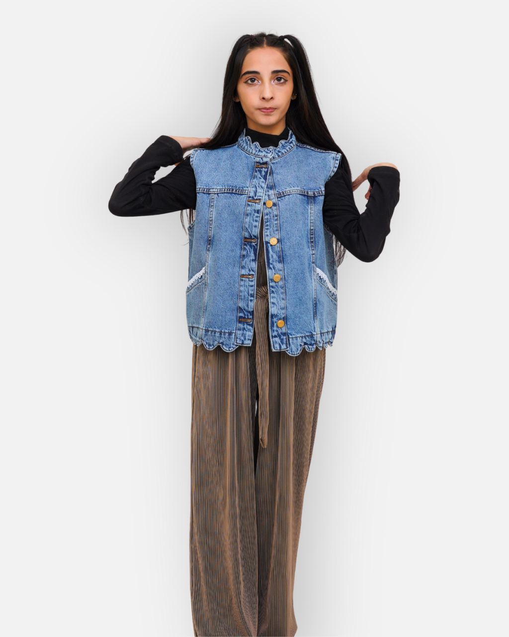 Ruffle Trim Denim Sleeveless Jacket Mid Acid Blue
