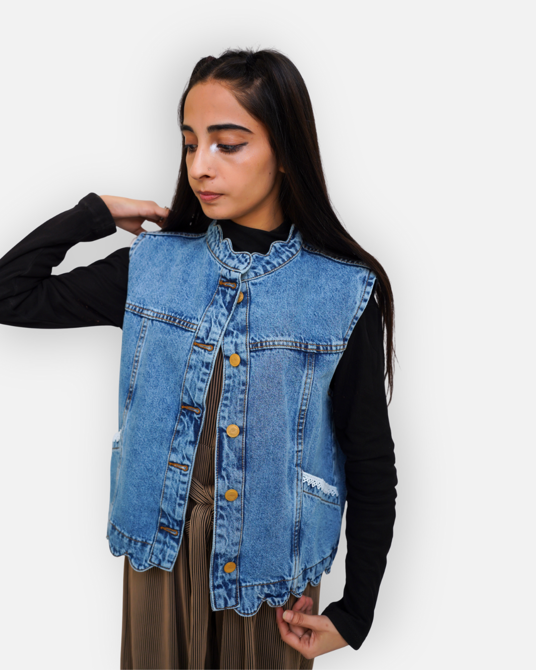 Ruffle Trim Denim Sleeveless Jacket Mid Acid Blue