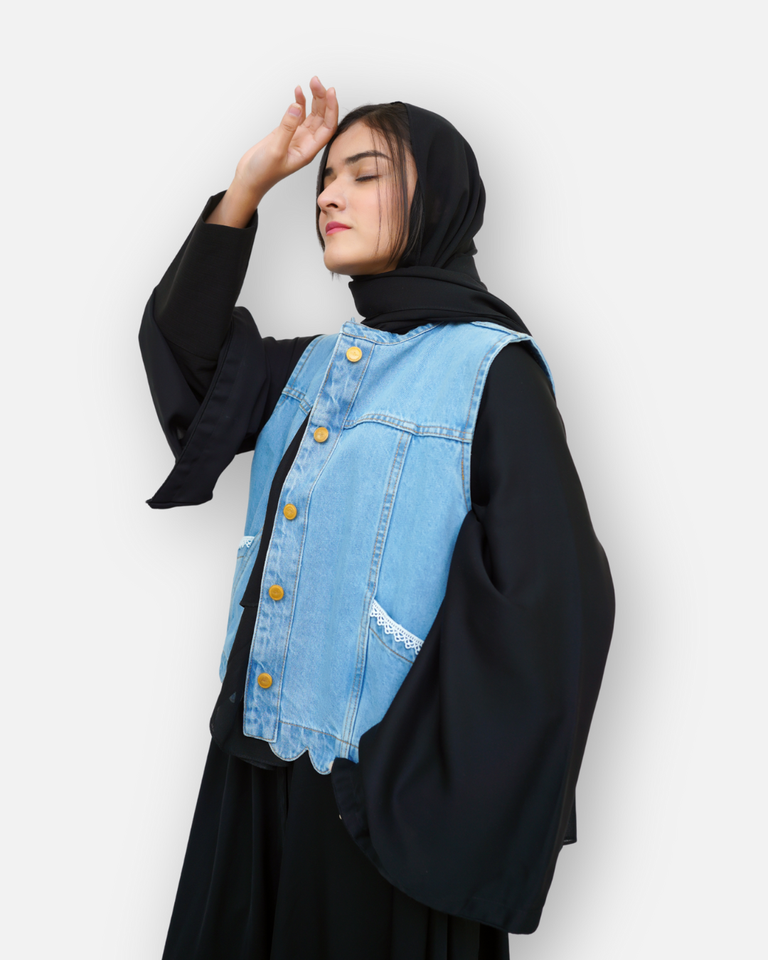 Ruffle Trim Denim Sleeveless Jacket Light Blue