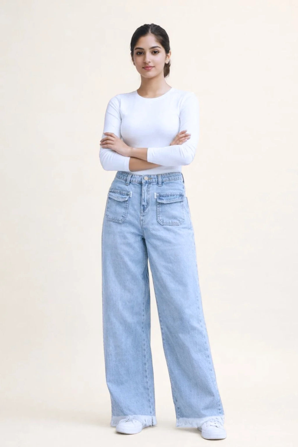 Women's Light Blue Wide-Leg Jean with Frayed Hems and Pockets