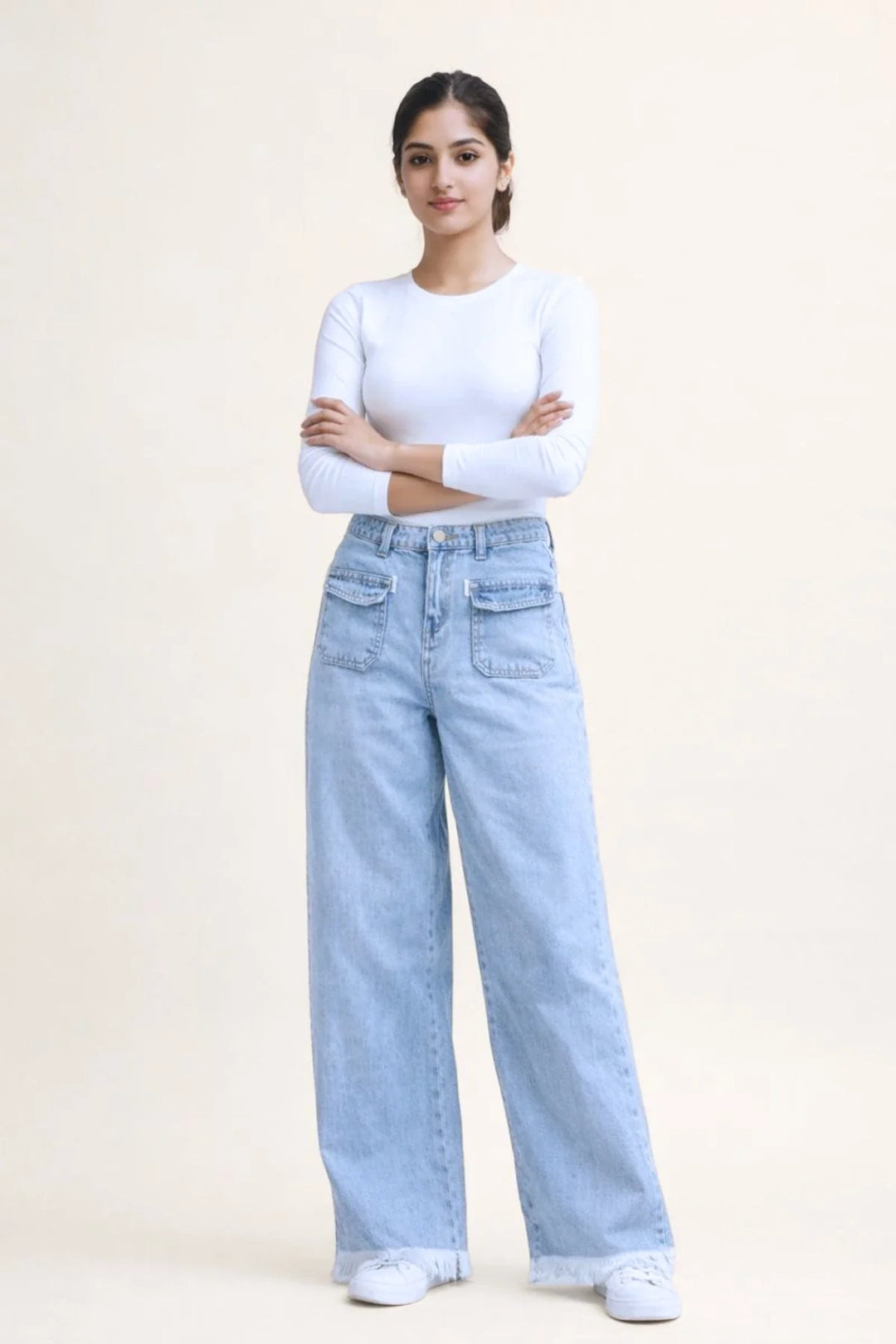 Women's Light Blue Wide-Leg Jean with Frayed Hems and Pockets