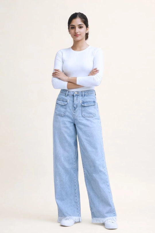 Women's Light Blue Wide-Leg Jean with Frayed Hems and Pockets