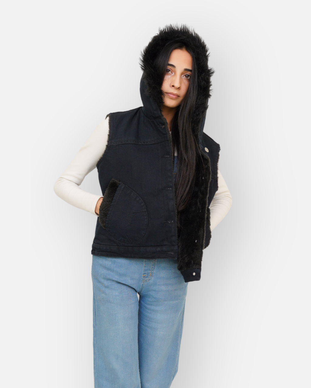 Black Denim Sleeveless Jacket with Contrast Fur Hood