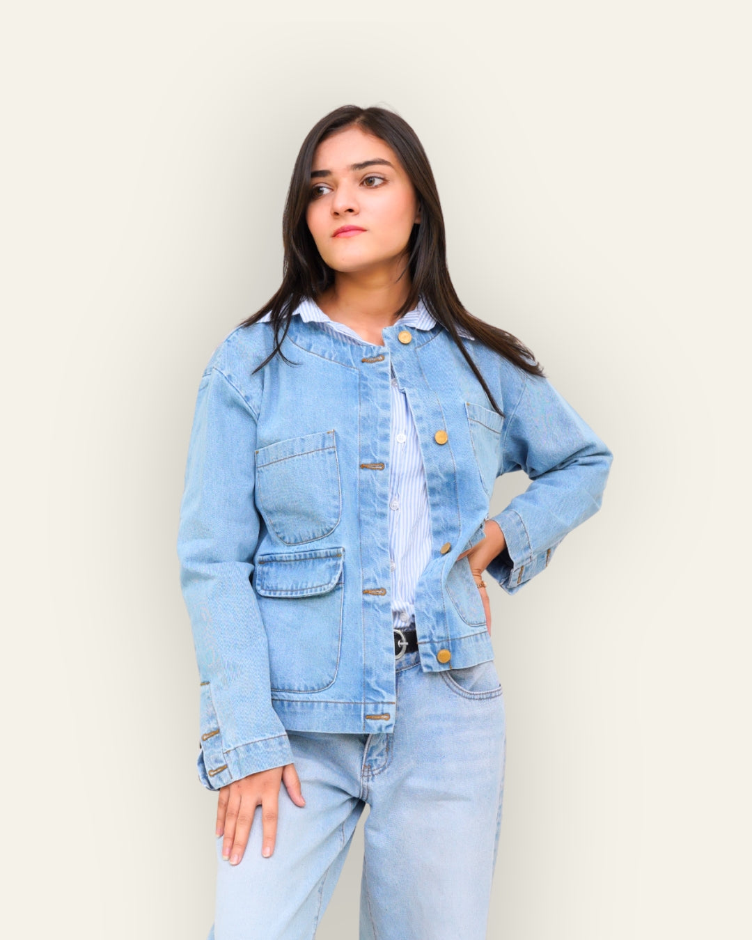 Collarless Light Wash Denim Chore Jacket