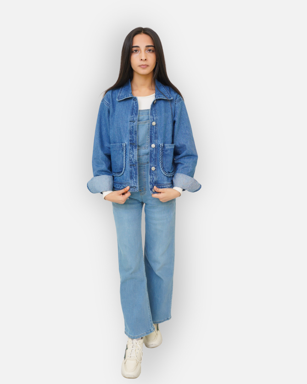 Braided Detail Mid Blue Denim Jacket