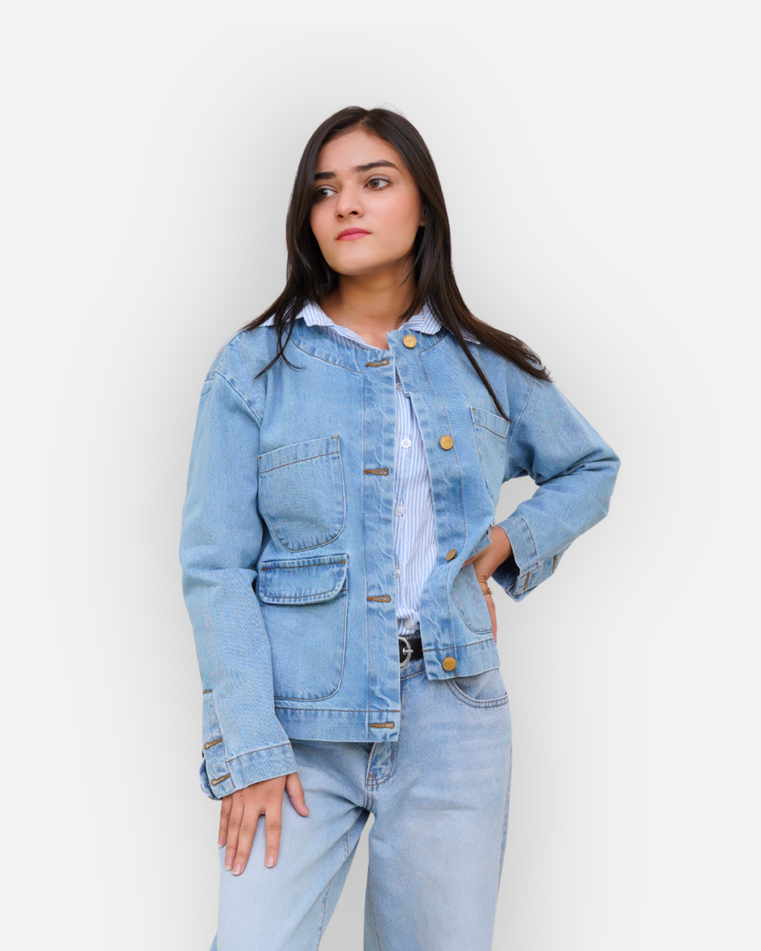 Collarless Light Wash Denim Chore Jacket
