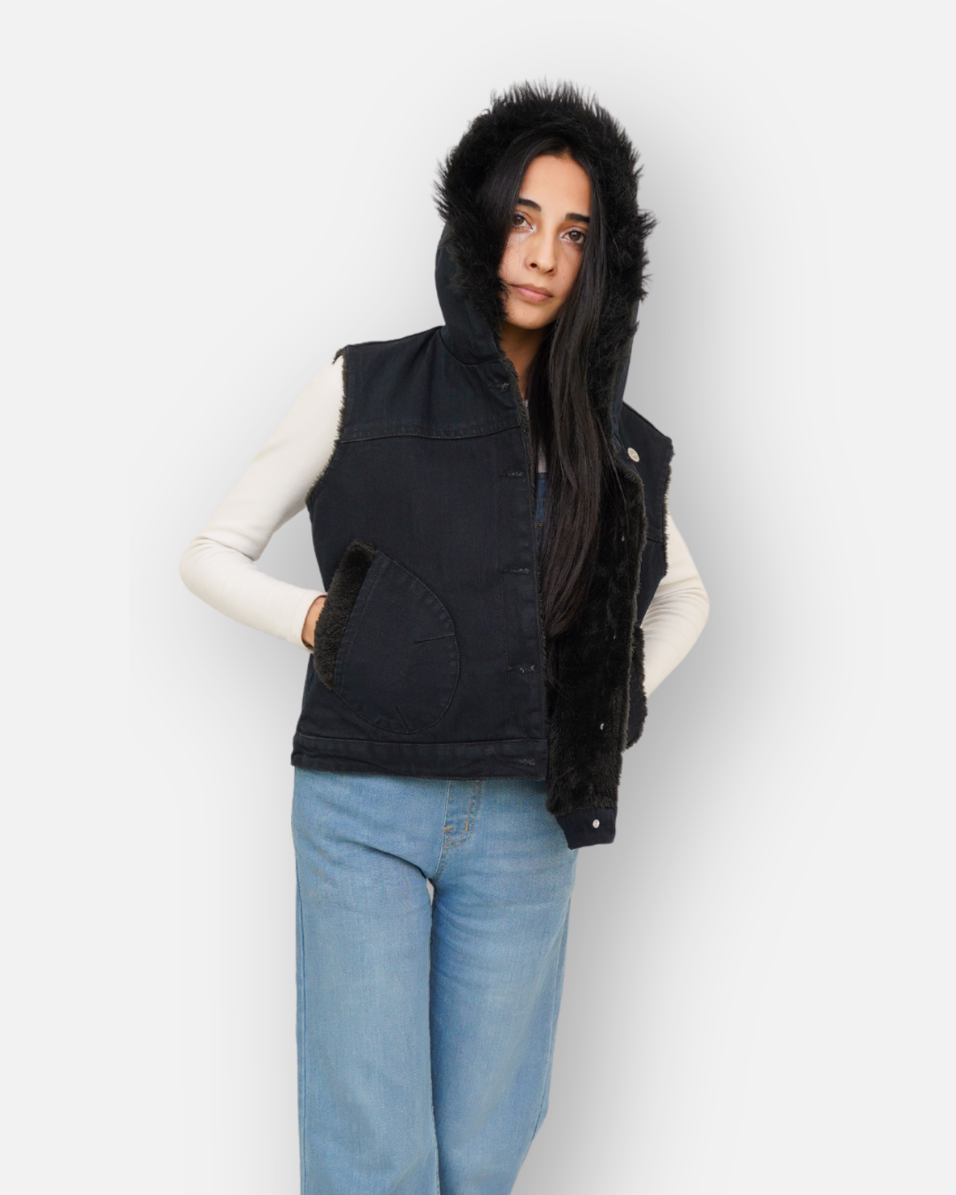 Black Denim Sleeveless Jacket with Contrast Fur Hood