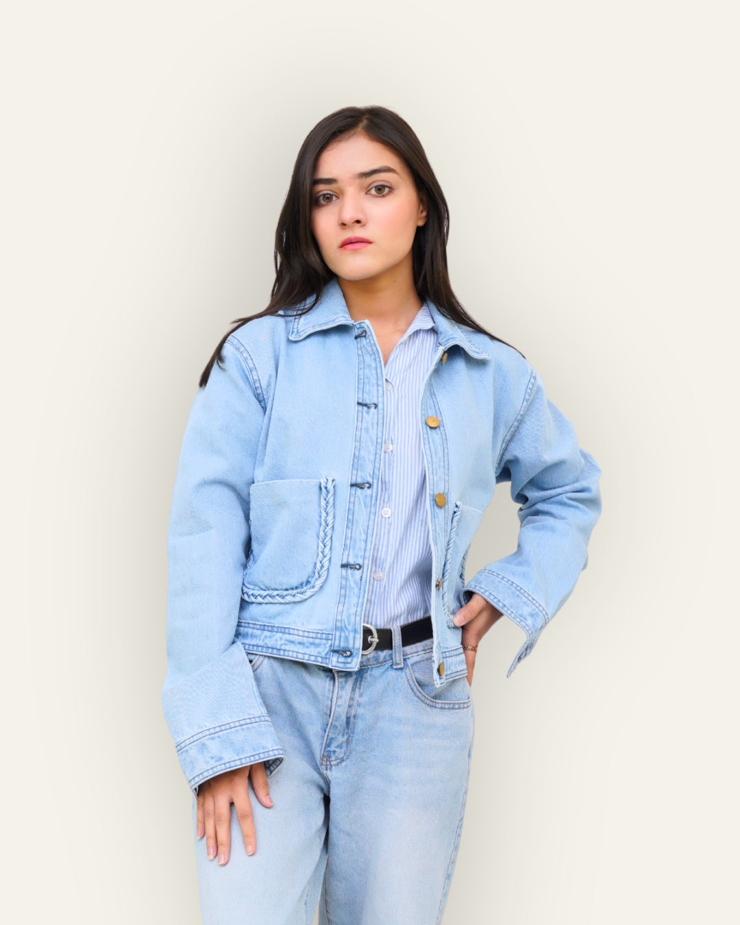Braided Detail Light Blue Denim Jacket