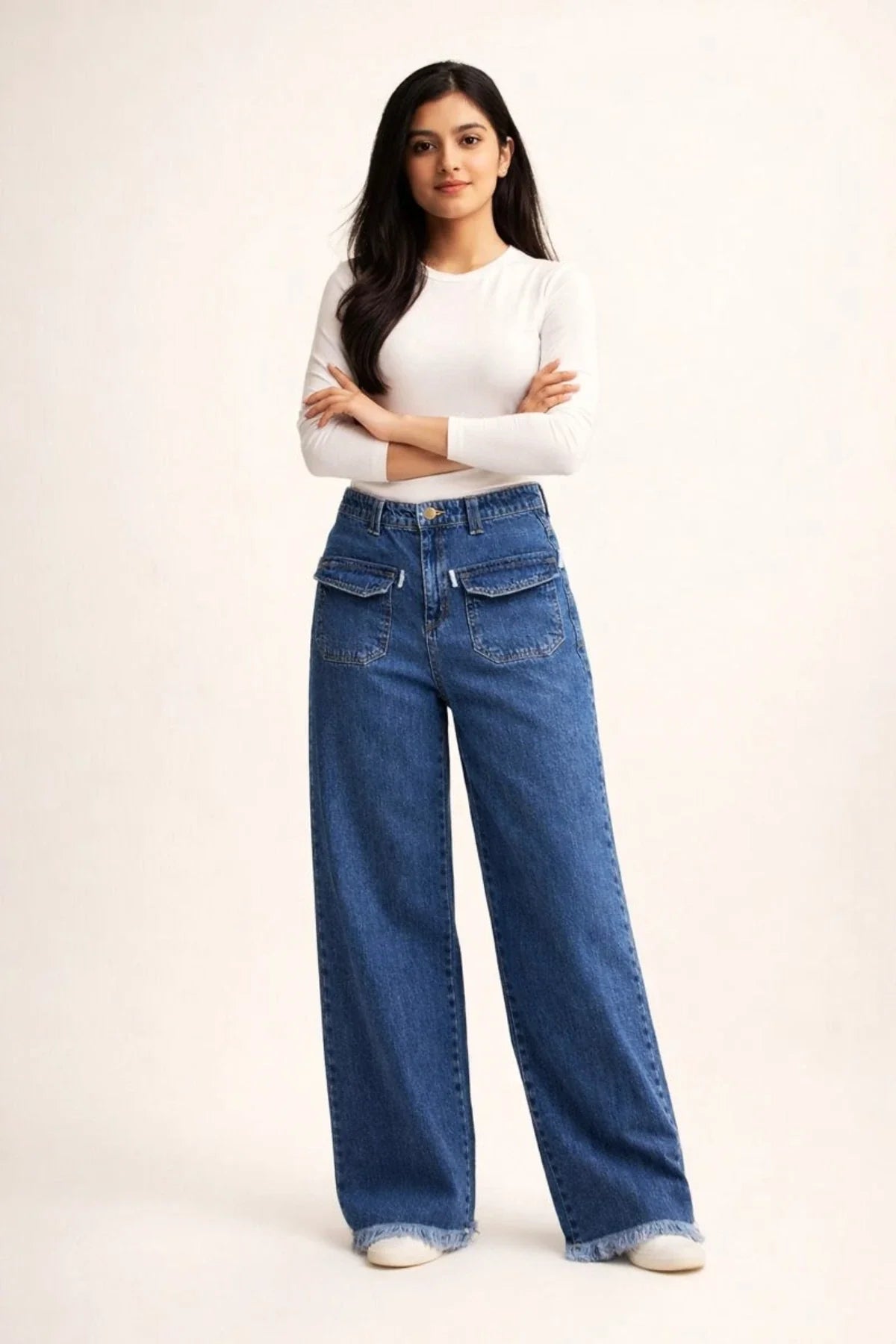Women's Mid Blue Wide-Leg Jean with Frayed Hems and Pockets