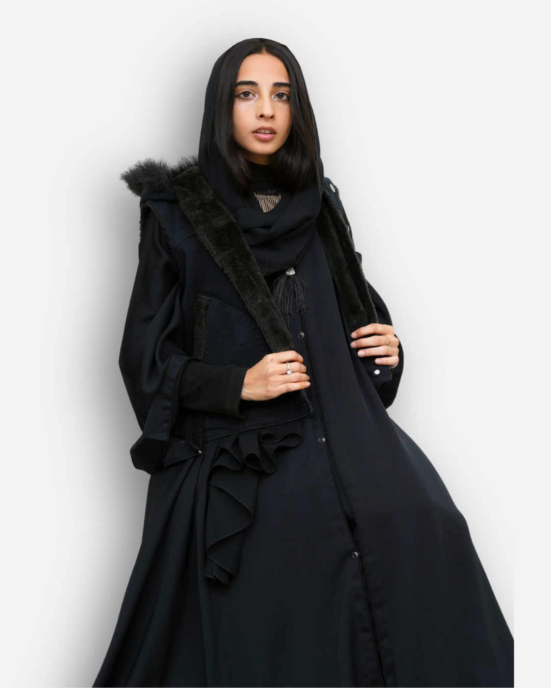 Black Denim Sleeveless Jacket with Contrast Fur Hood