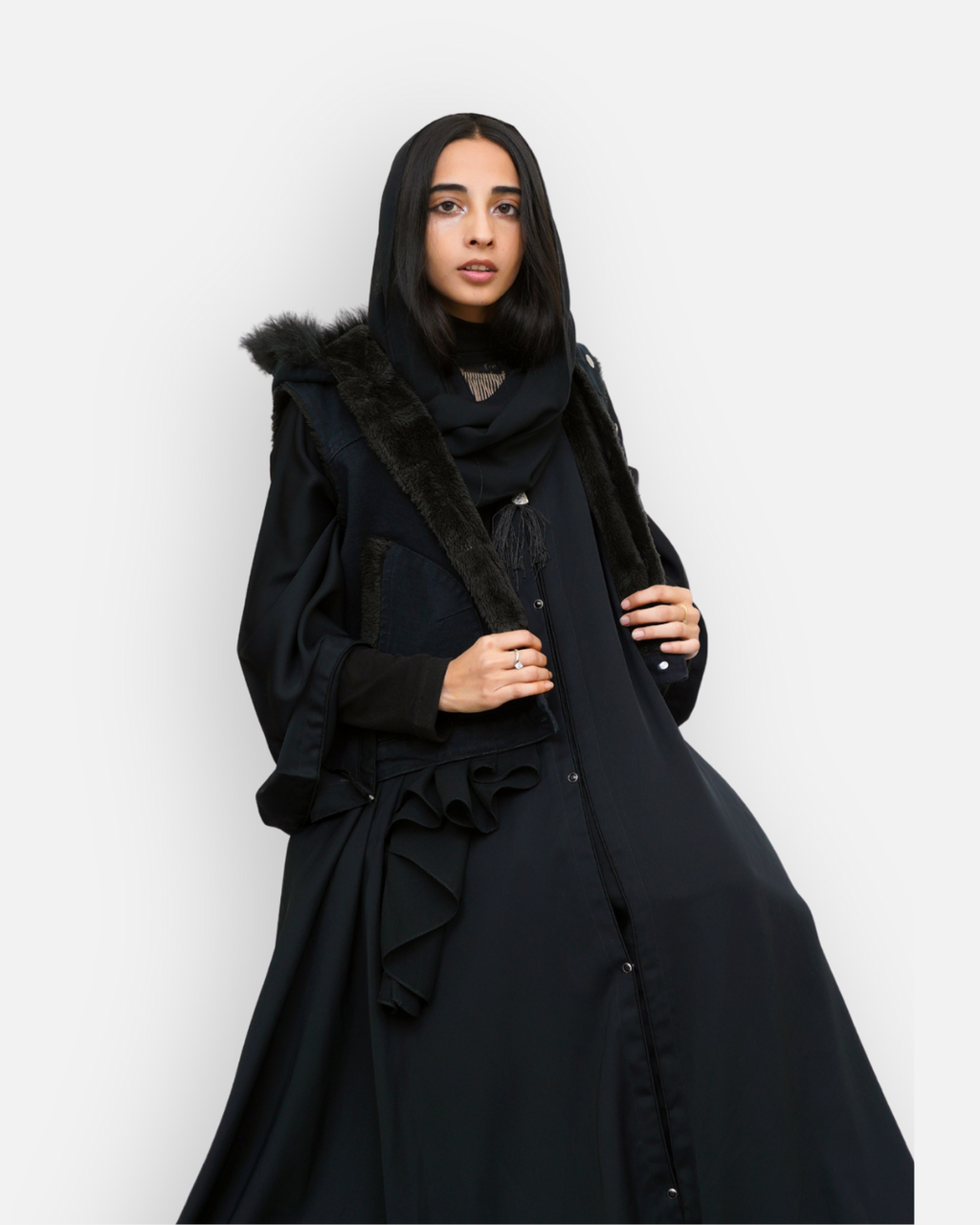 Black Denim Sleeveless Jacket with Contrast Fur Hood