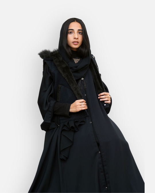Black Denim Sleeveless Jacket with Contrast Fur Hood