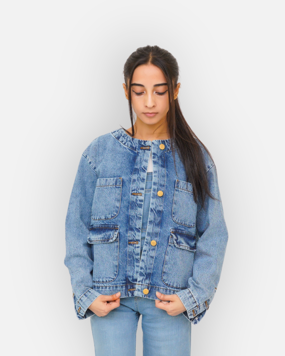 Collarless Mid Wash Denim Chore Jacket