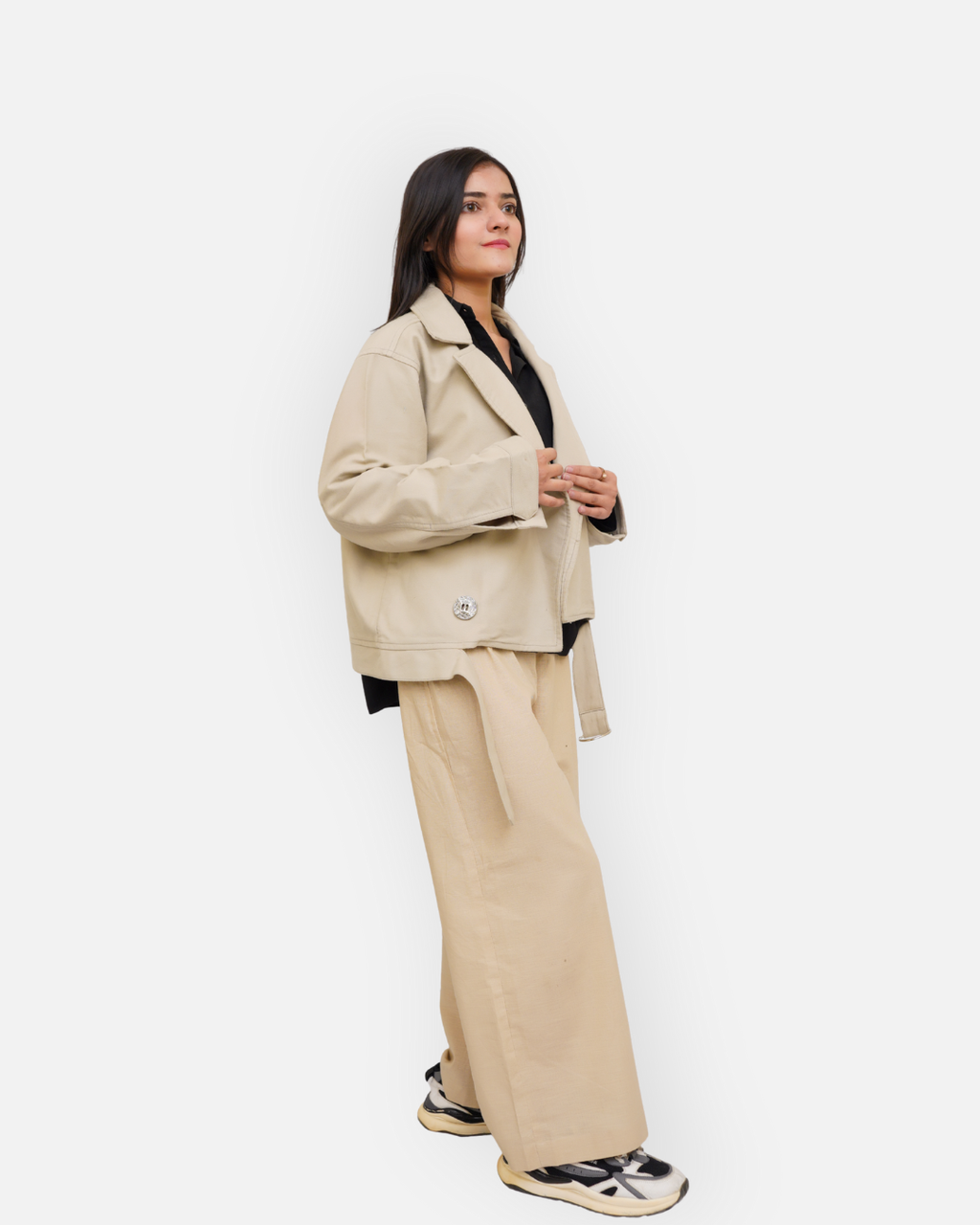Chic Beige Cotton Double-Breasted Crop Jacket