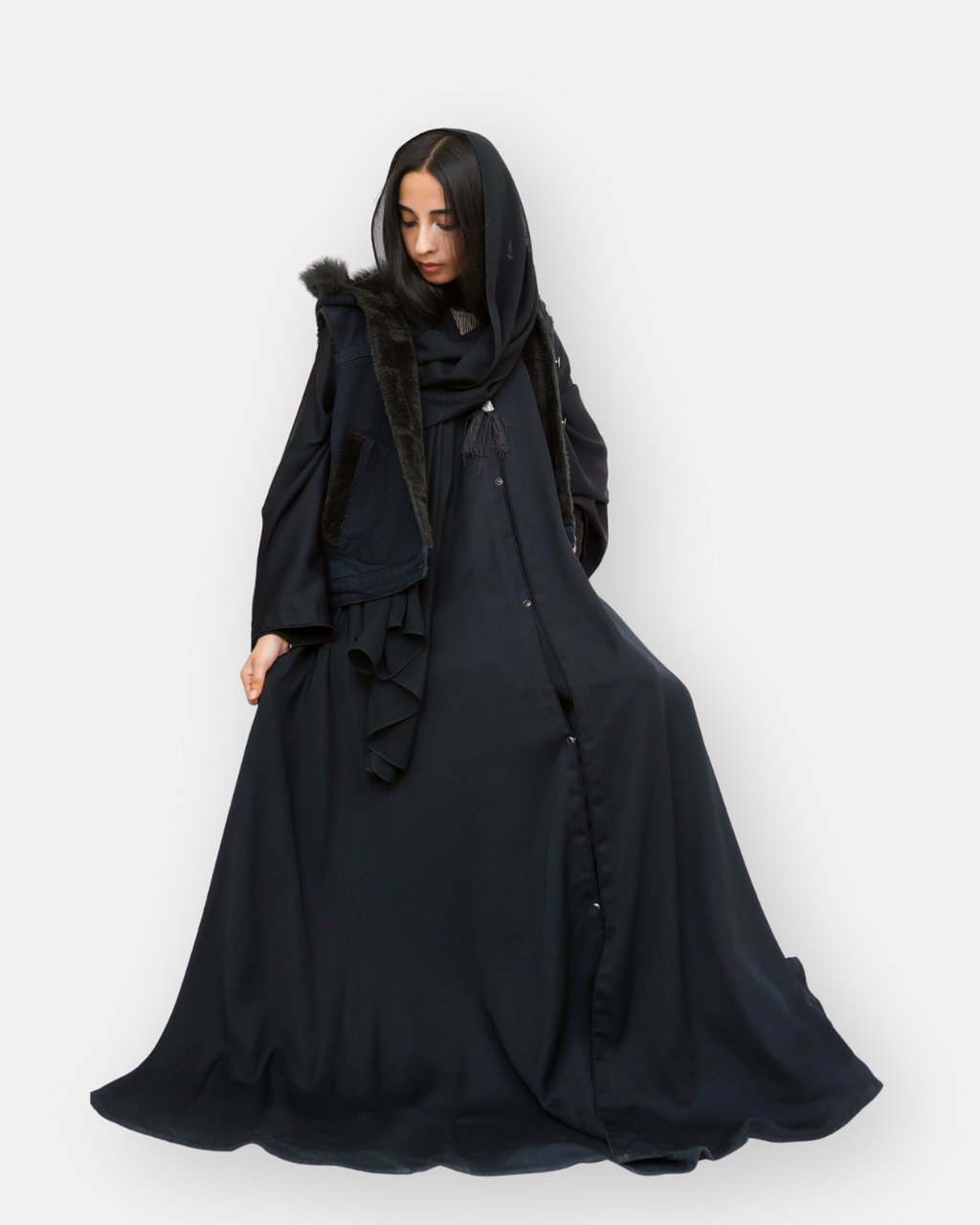 Black Denim Sleeveless Jacket with Contrast Fur Hood
