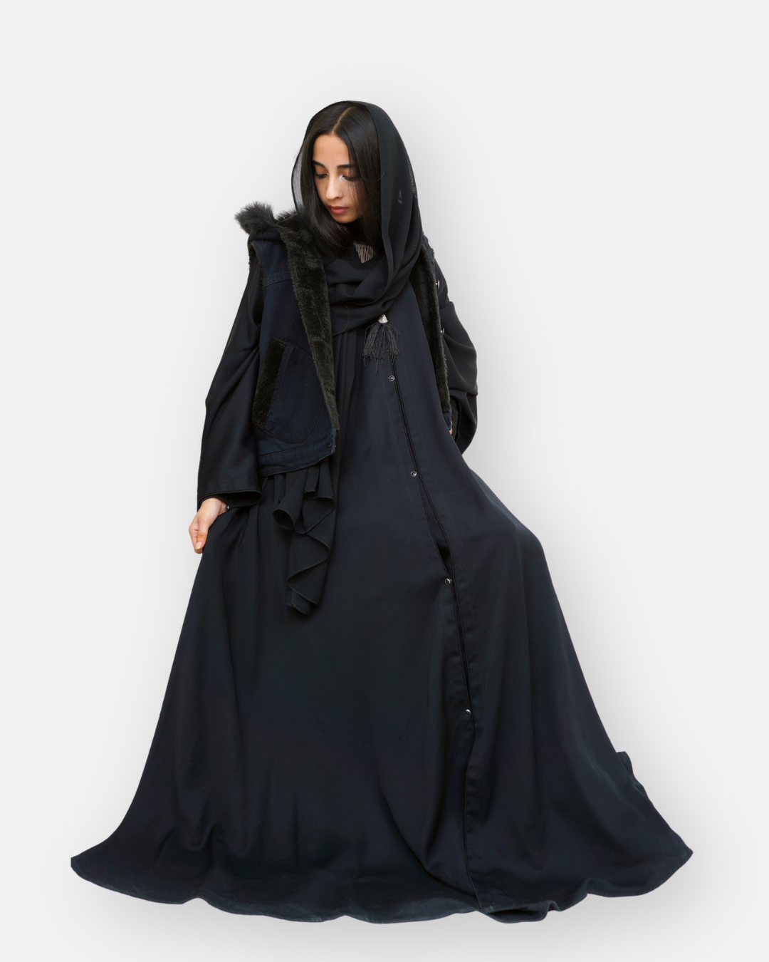 Black Denim Sleeveless Jacket with Contrast Fur Hood