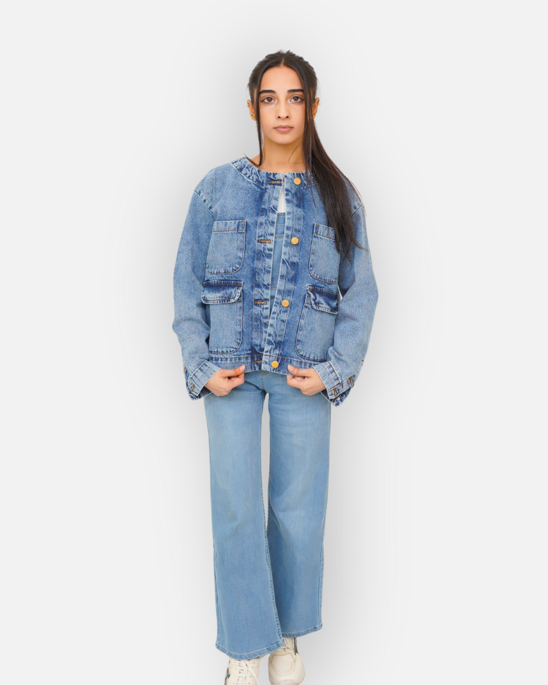 Collarless Mid Wash Denim Chore Jacket